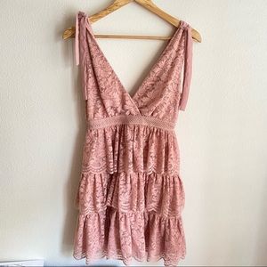 Bardot Lace Tiered Mini Ruffle Dress Dusty Pink Sz 4